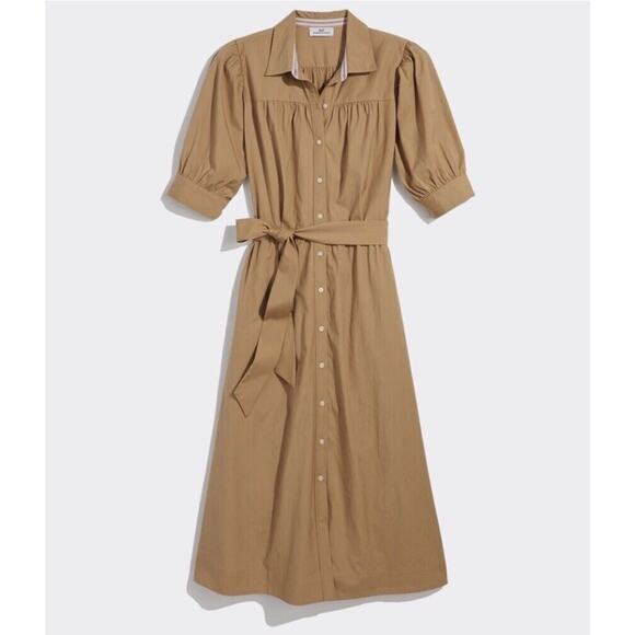 Vineyard Vines Dresses & Skirts - Vineyard Vines Tan‎ Poplin Cotton Button Midi Shirt Dress Size M Peasant Cottage